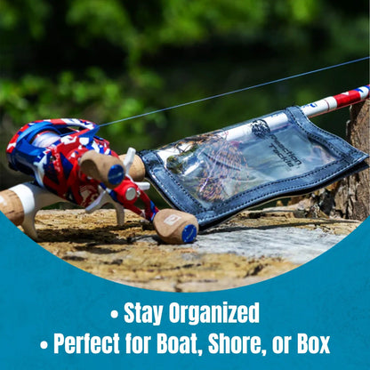 Reaction Tackle lure wraps for all sizes with clear storage pouch on a fishing rod setup on Tampa Home & Garden Store