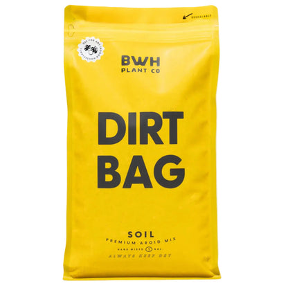 Yellow bag labeled 'Dirt Bag' with BWH Plant Co branding on a beige background