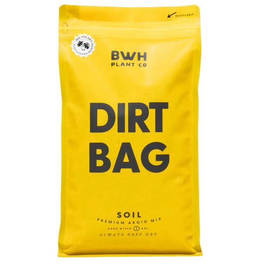 Yellow bag labeled 'Dirt Bag' with BWH Plant Co branding on a beige background
