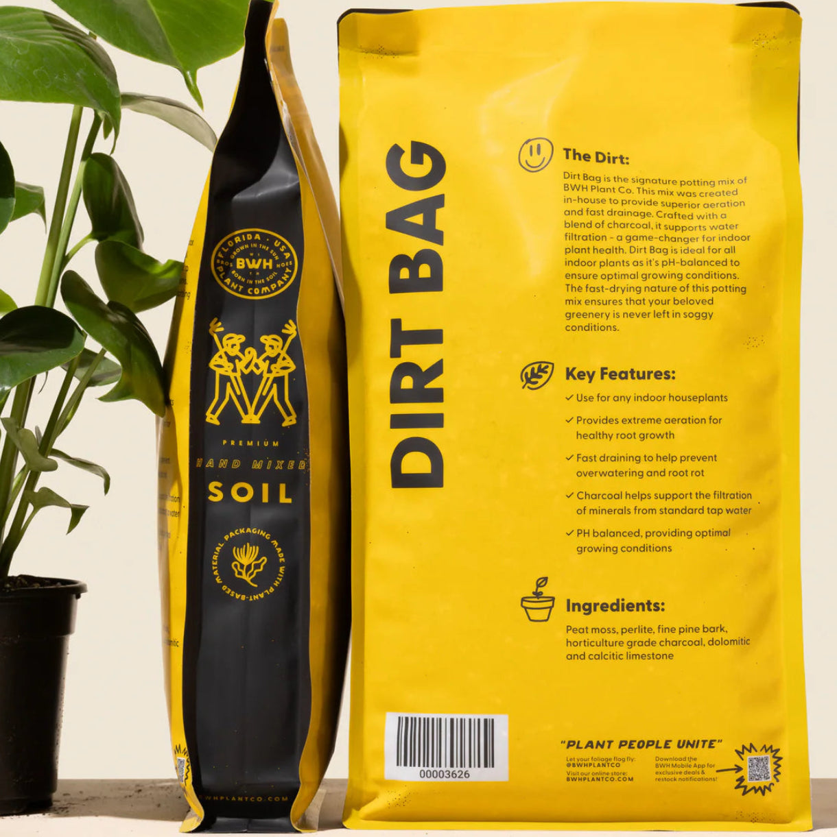 Yellow 'Dirt Bag' soil package with plant on a light background