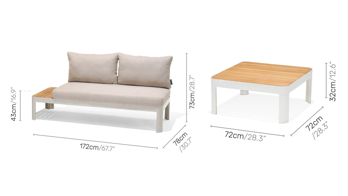 Portals teak aluminum modular sofa 3pc set with beige cushions teak coffee table LifestyleGarden on Tampa Home & Garden Store
