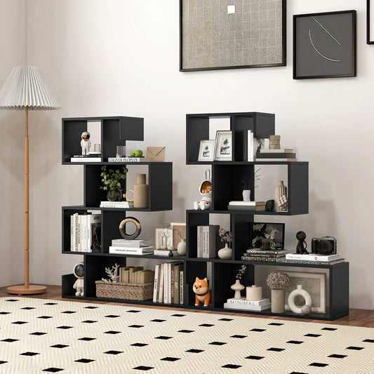 Pair of black S-shaped geometric 5-tier bookcases with open cube shelves DirectDeals on Tampa Home & Garden Store