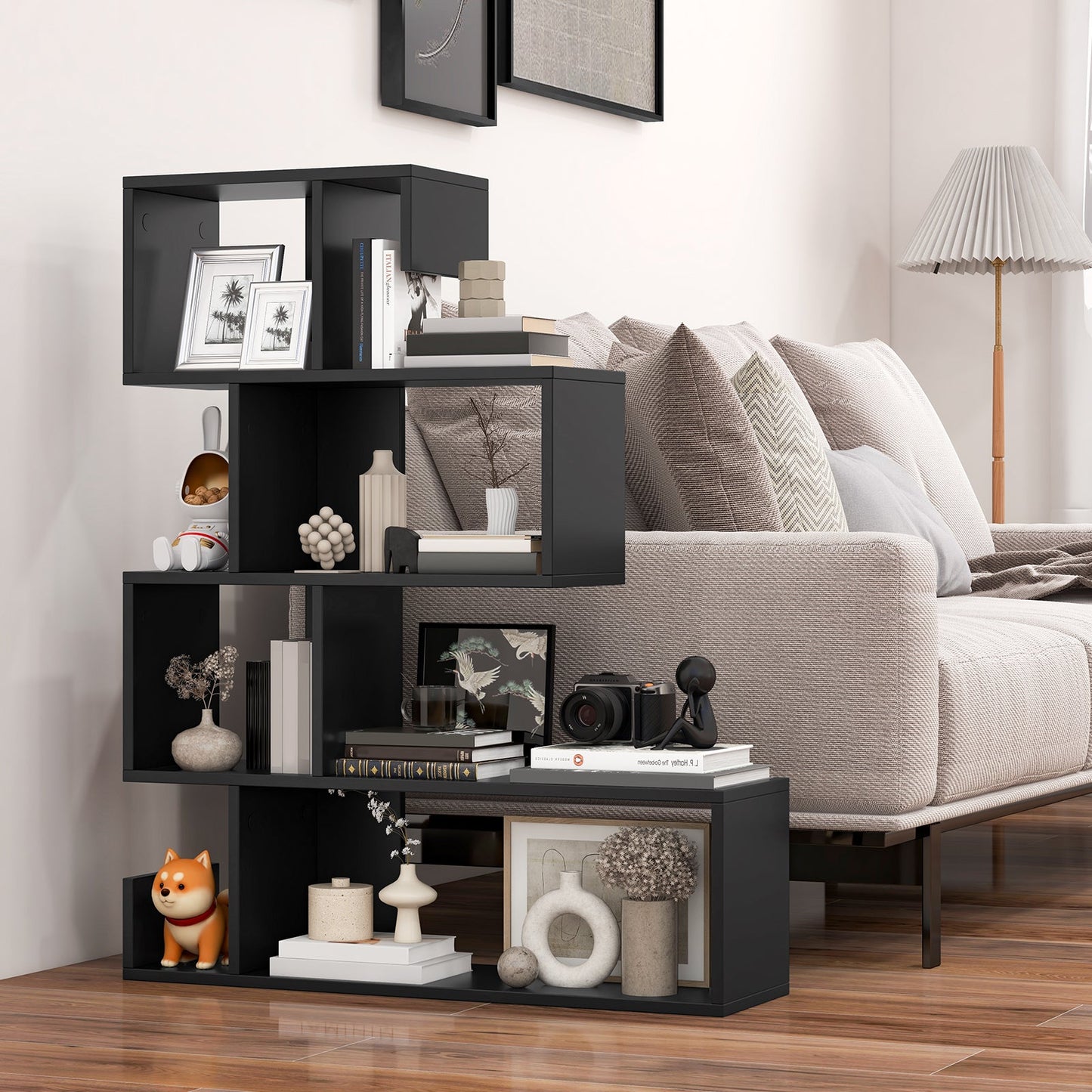 5-Tier S-Shaped Bookshelf Geometric Z-Shelf Bookcase with Open Cubes-Black