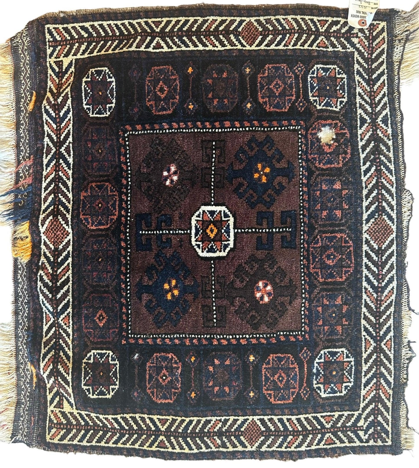 Distressed Hand Knotted Vintage Afghani Baluchi Wool Bag face 29” x 25” - Tampa Home & Garden Store