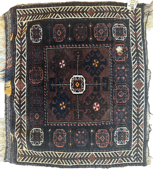Distressed Hand Knotted Vintage Afghani Baluchi Wool Bag face 29” x 25” - Tampa Home & Garden Store