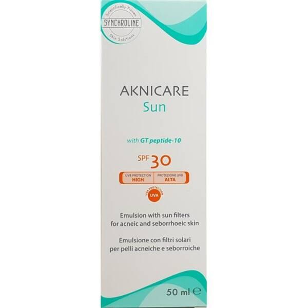 Synchroline Aknicare Sun SPF30 sunscreen for acne-prone skin, white box with teal accents on Tampa Home & Garden Store