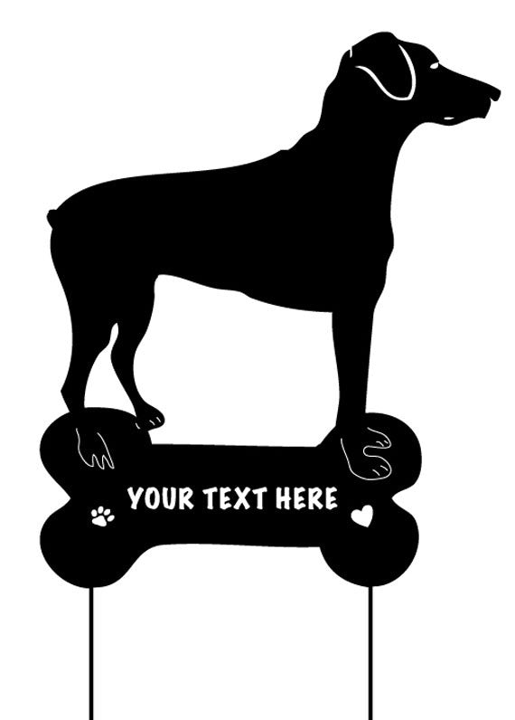 Black metal Doberman Pinscher garden stake with customizable bone plaque by Rustica Ornamentals on Tampa Home & Garden Store