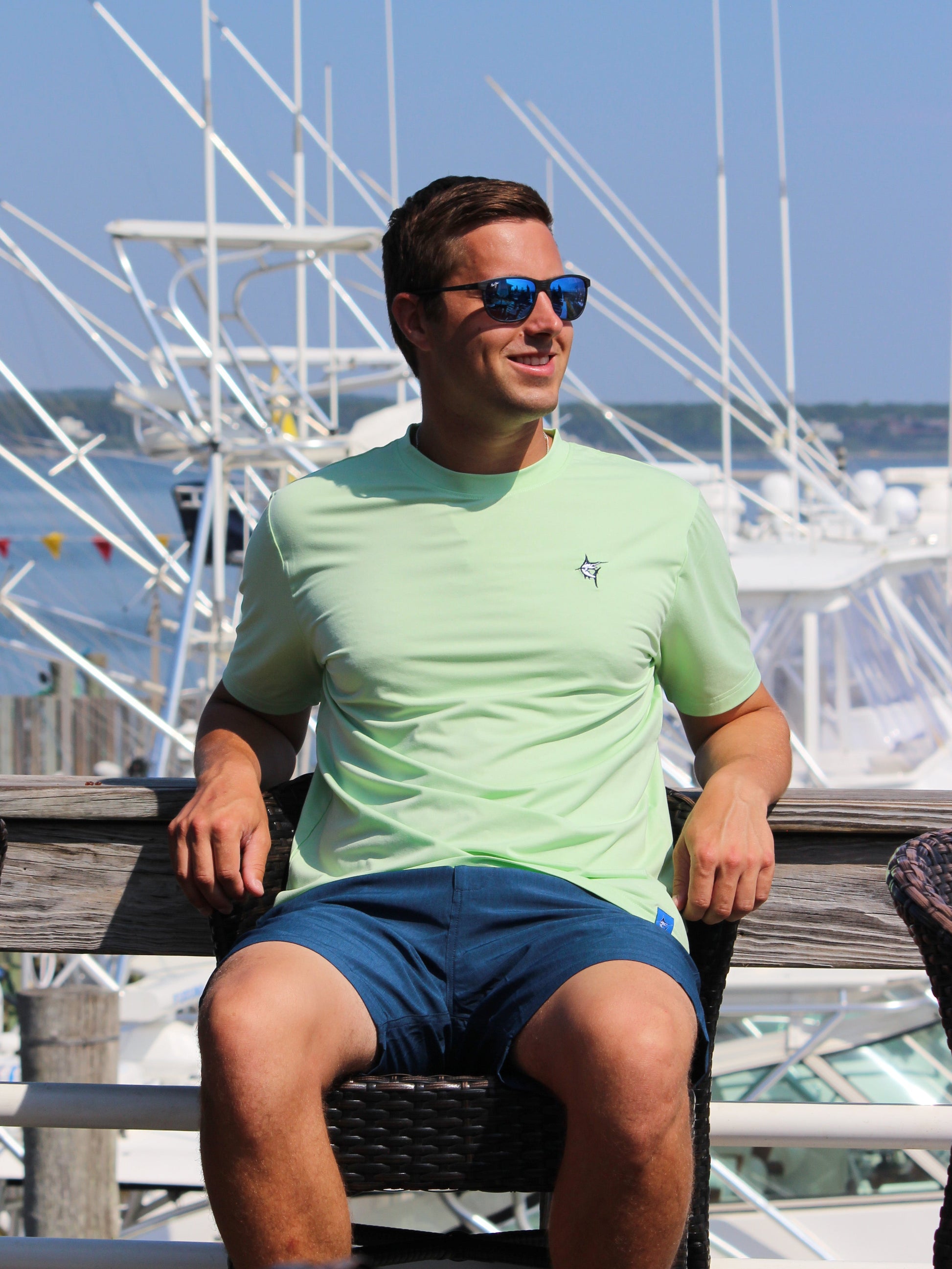 Dockside Performance Tee mint short-sleeve by White Water Life with logo at marina on Tampa Home & Garden Store
