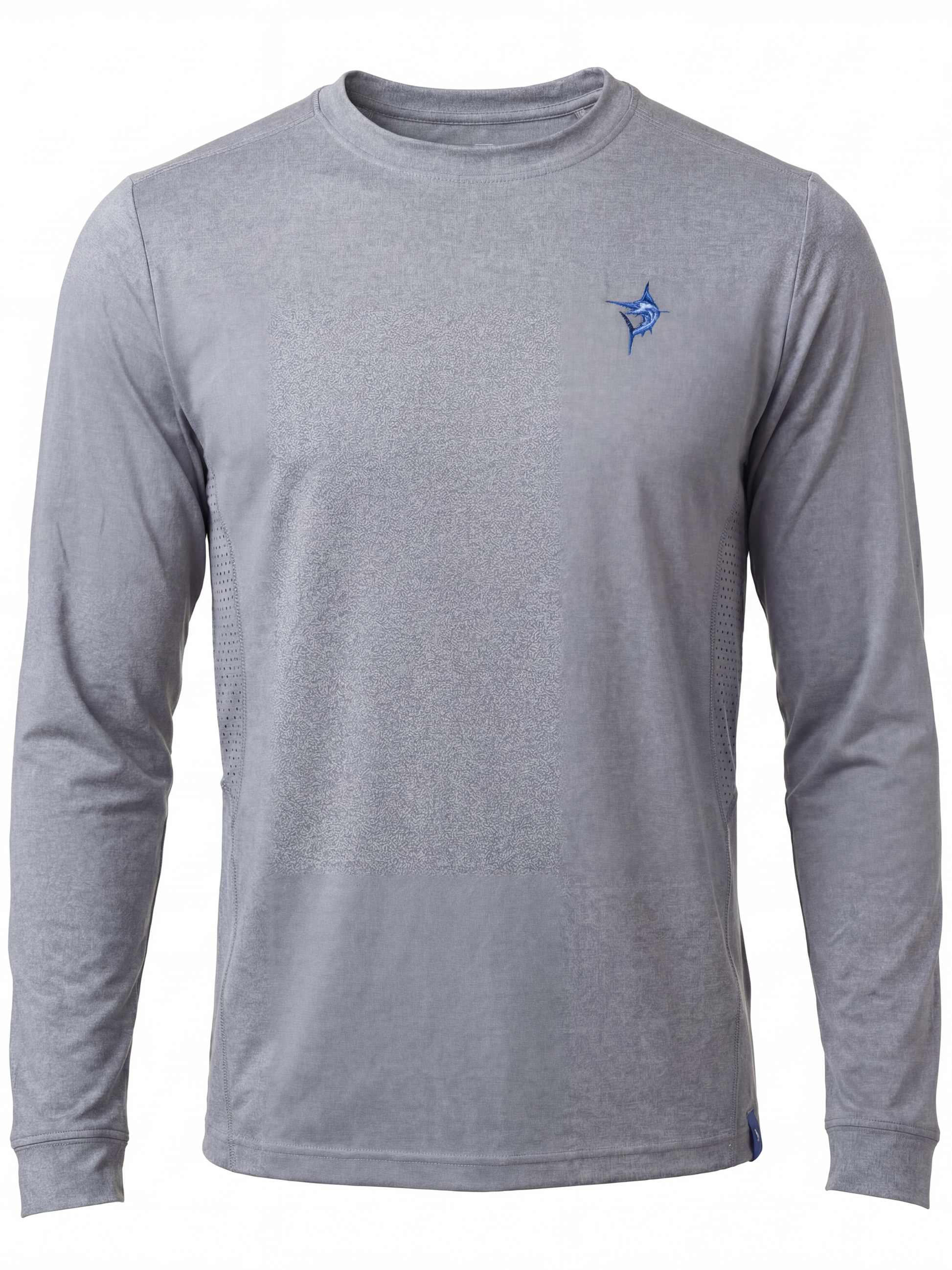 Grander Performance Tee long-sleeve shirt in heather gray with blue logo by White Water Life on Tampa Home & Garden Store