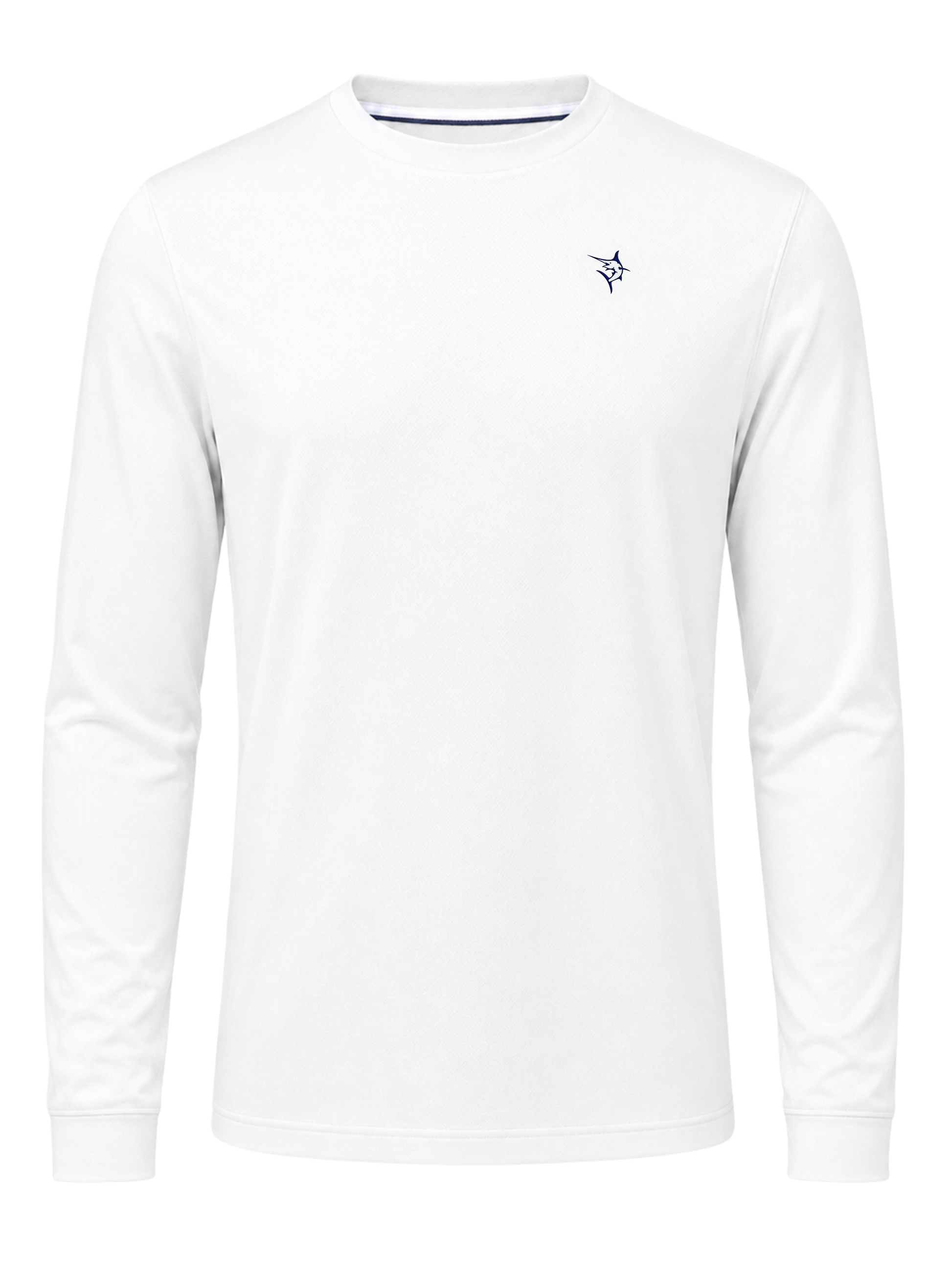 Dockside Performance Long Sleeve white top with navy chest logo by White Water Life on Tampa Home & Garden Store