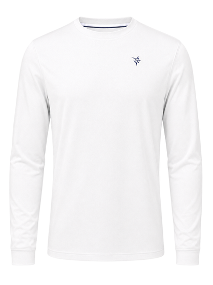 Dockside Performance Long Sleeve white top with navy chest logo by White Water Life on Tampa Home & Garden Store