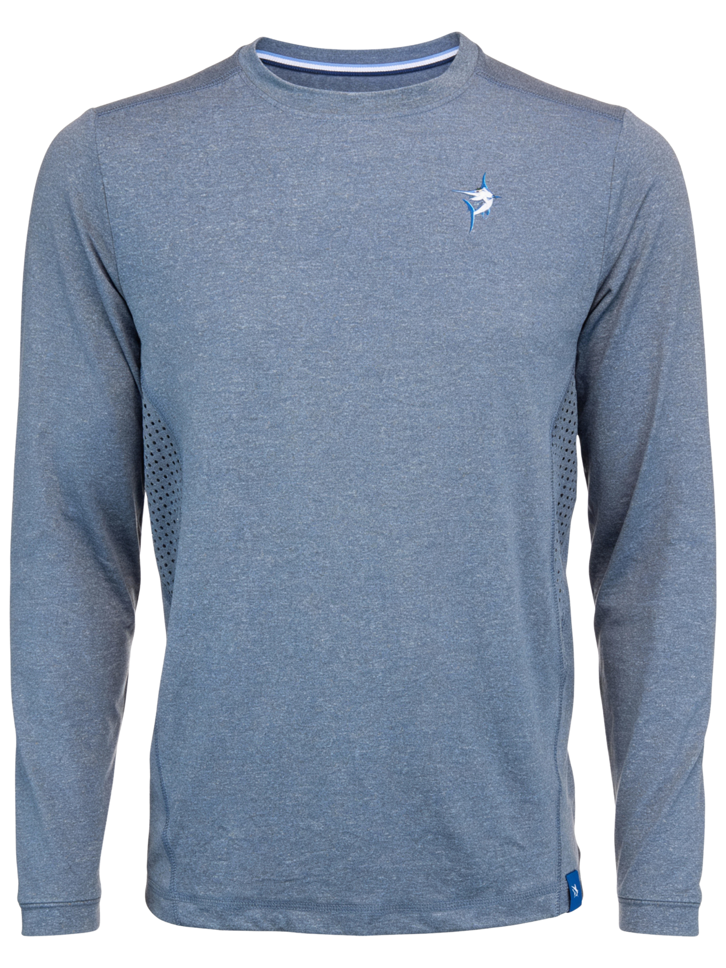 Grander Performance Tee long sleeve heather blue by White Water Life chest marlin logo on Tampa Home & Garden Store