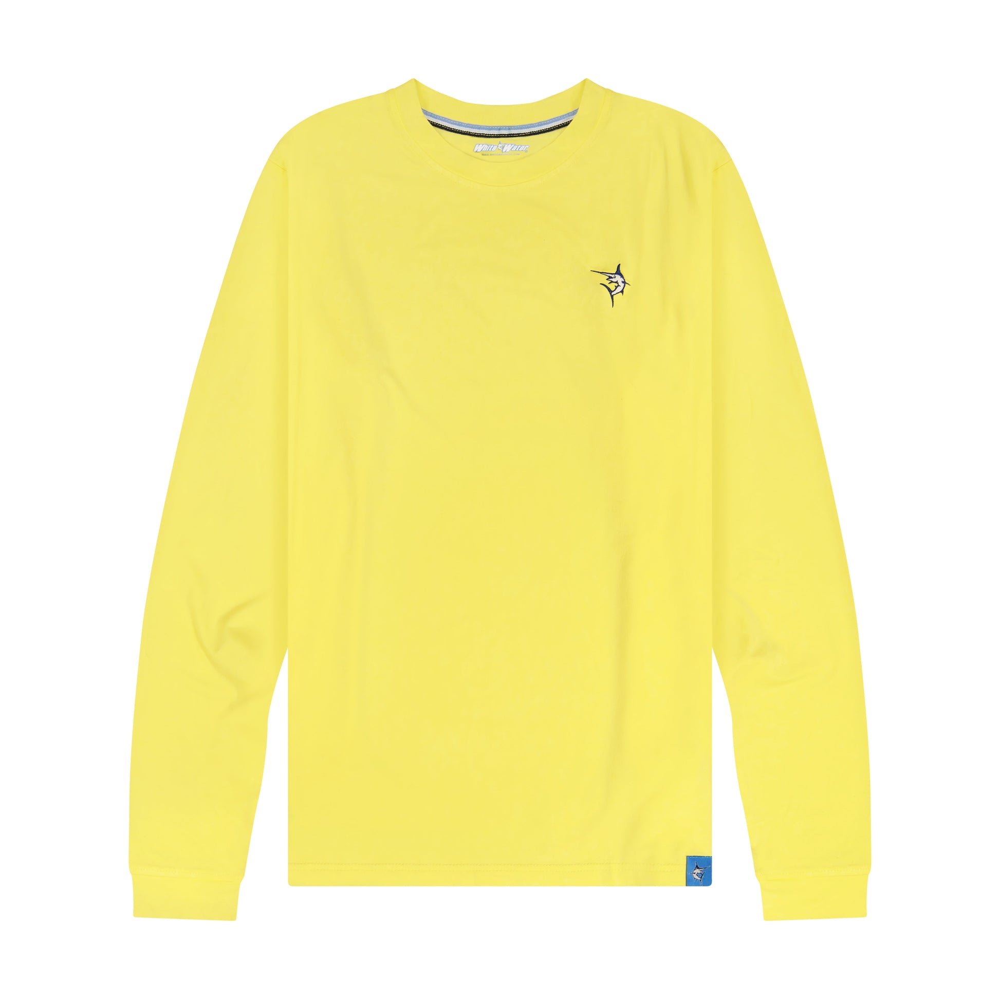 Dockside Performance Long Sleeve yellow shirt by White Water Life with navy chest logo on Tampa Home & Garden Store