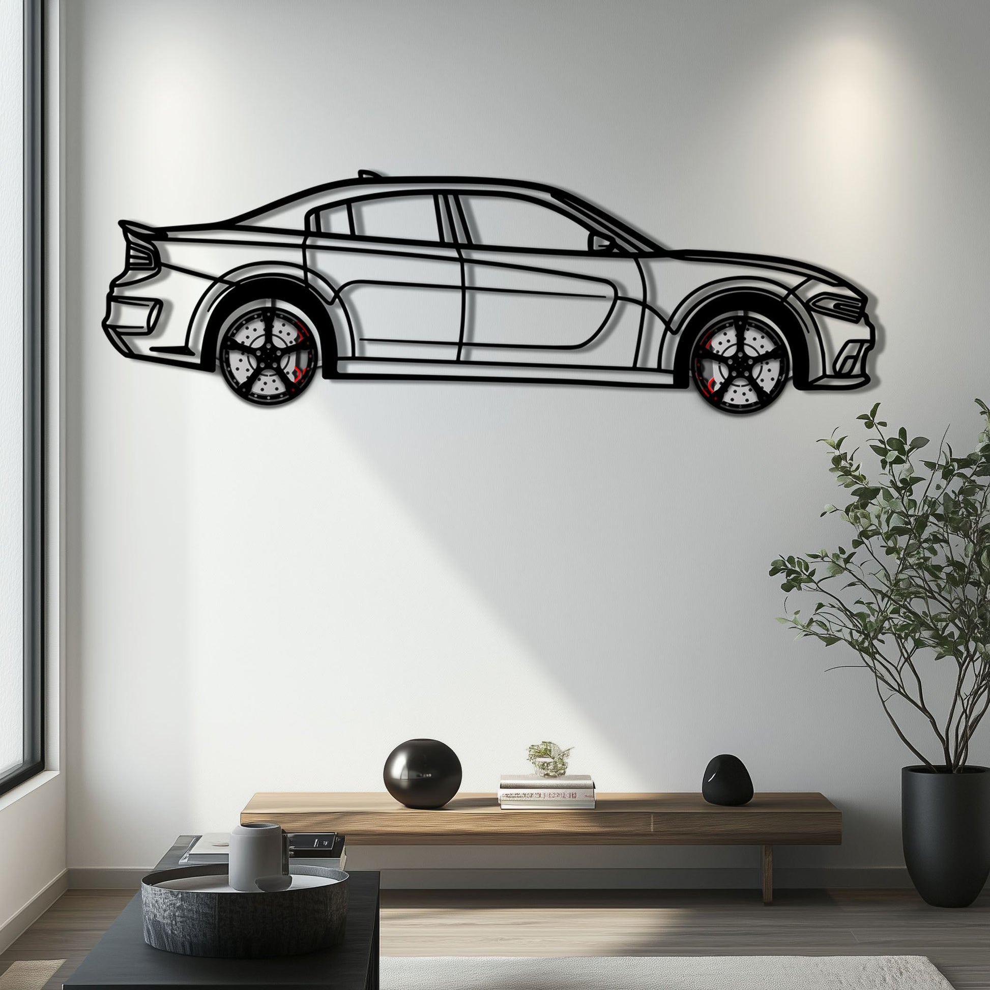 Dodge Charger SRT Metal Car Wall Art with Rotating Wheels - Modern American Muscle Silhouette - Interactive Automotive Wall Decor - KAFMEKA121 - Tampa Home & Garden Store