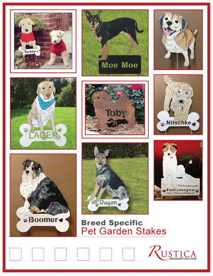 Pet Portraits garden art collage of breed-specific dogs on bone signs by Rustica Ornamentals on Tampa Home & Garden Store