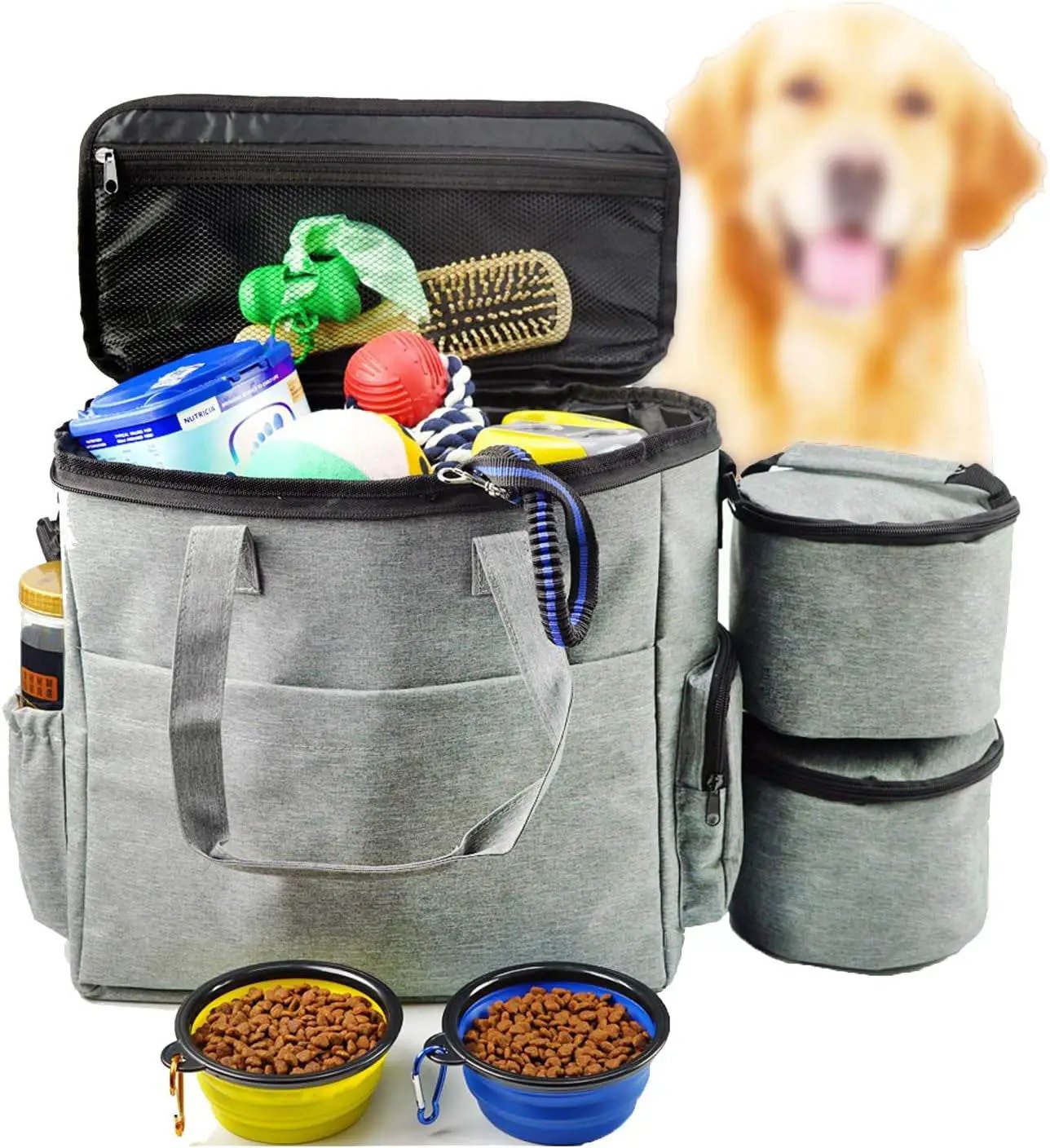 The Max & Rex grey dog travel bag set with 2 food containers and 2 collapsible bowls on Tampa Home & Garden Store
