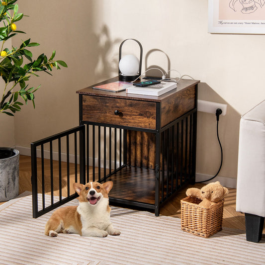 Dog Crate Furniture for Small Dogs Wooden Puppy Kennel with Charging Station-Rustic Brown - Tampa Home & Garden Store