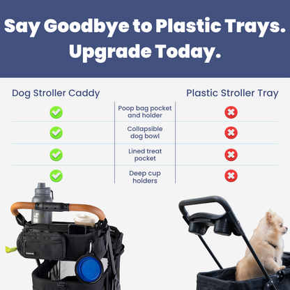 Rubyloo Dog Stroller Caddy Organizer on stroller with pockets; compares to plastic stroller tray on Tampa Home & Garden Store