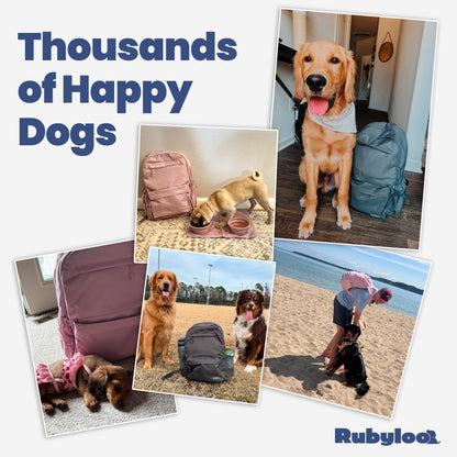 Rubyloo Doggy Bag backpack for dog supplies with travel bowls; pink/mauve, 2 shown on Tampa Home & Garden Store