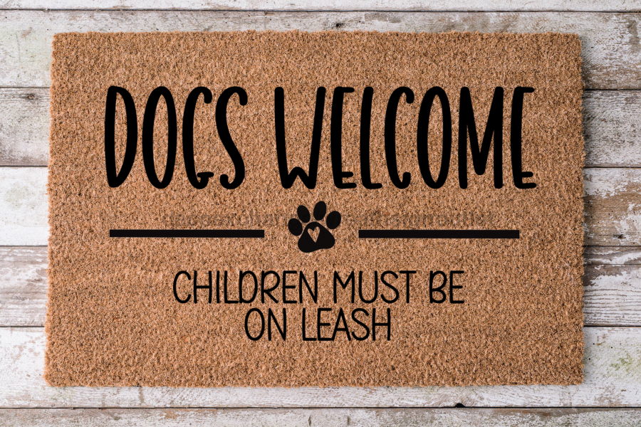 Dogs Doormat "Dogs Welcome, children must be on a Leash" Fun Dog Door Mat - Tampa Home & Garden Store