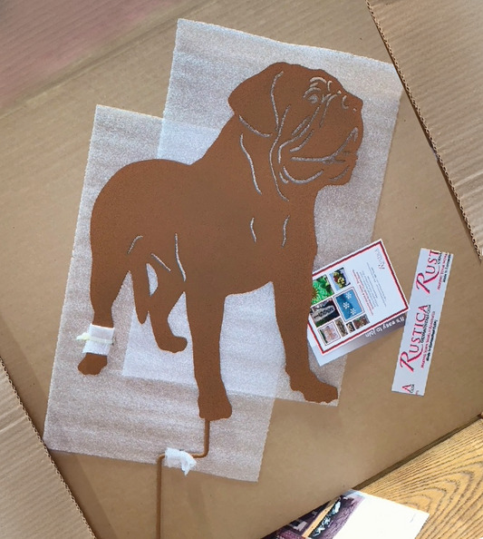 Dogue de Bordeaux garden stake silhouette in rust metal by Rustica Ornamentals on Tampa Home & Garden Store