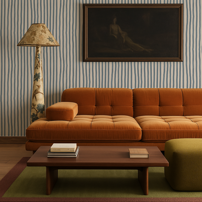 Dolce Stripe Wallpaper, off-white and dusty blue - Tampa Home & Garden Store