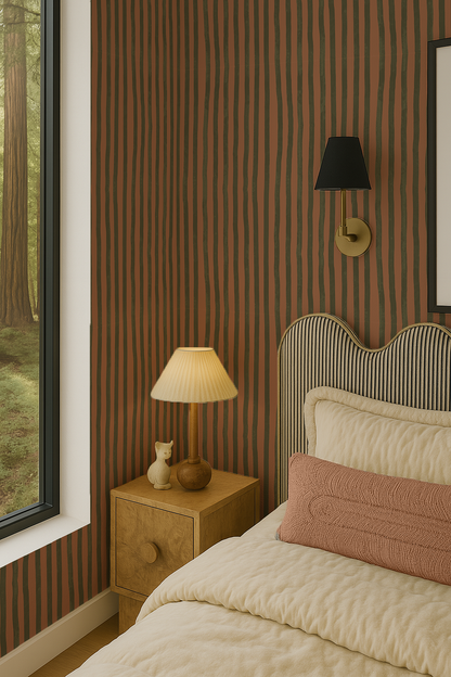 Dolce Stripe Wallpaper, terra cotta and olive - Tampa Home & Garden Store