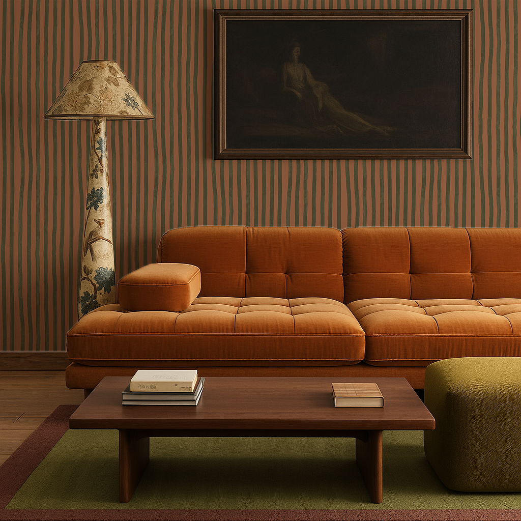 Dolce Stripe Wallpaper, terra cotta and olive - Tampa Home & Garden Store