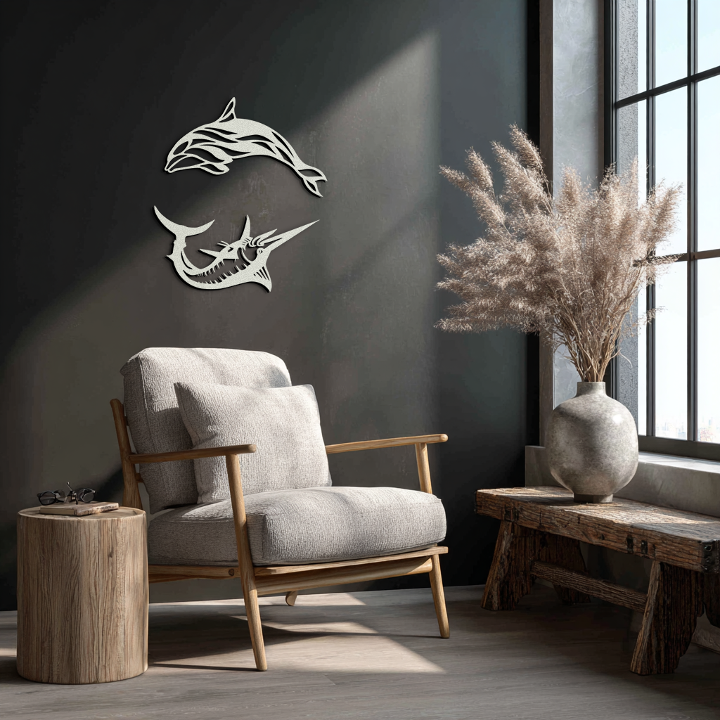 Dolphin & Marlin Metal Wall Art - Ocean-Inspired Modern Steel Decor - KAF084 - Tampa Home & Garden Store