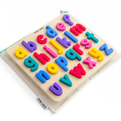Find & Fit Puzzle letters on a wooden board in bright colors by Domino & Juliette on Tampa Home & Garden Store