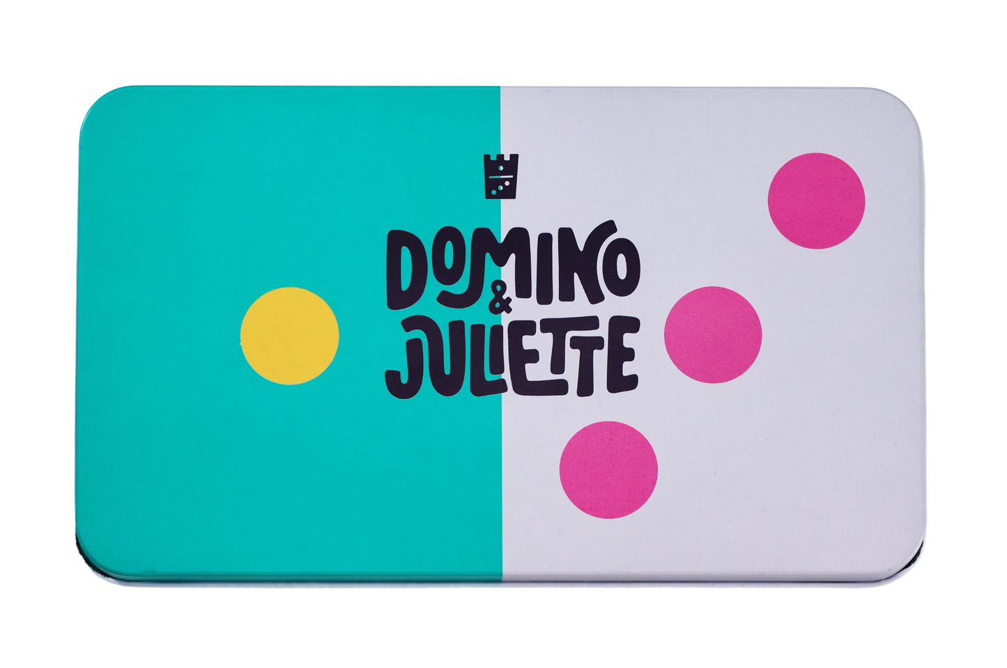 Bright Play Dominos tin by Domino & Juliette, teal left half white right with pink dots on Tampa Home & Garden Store