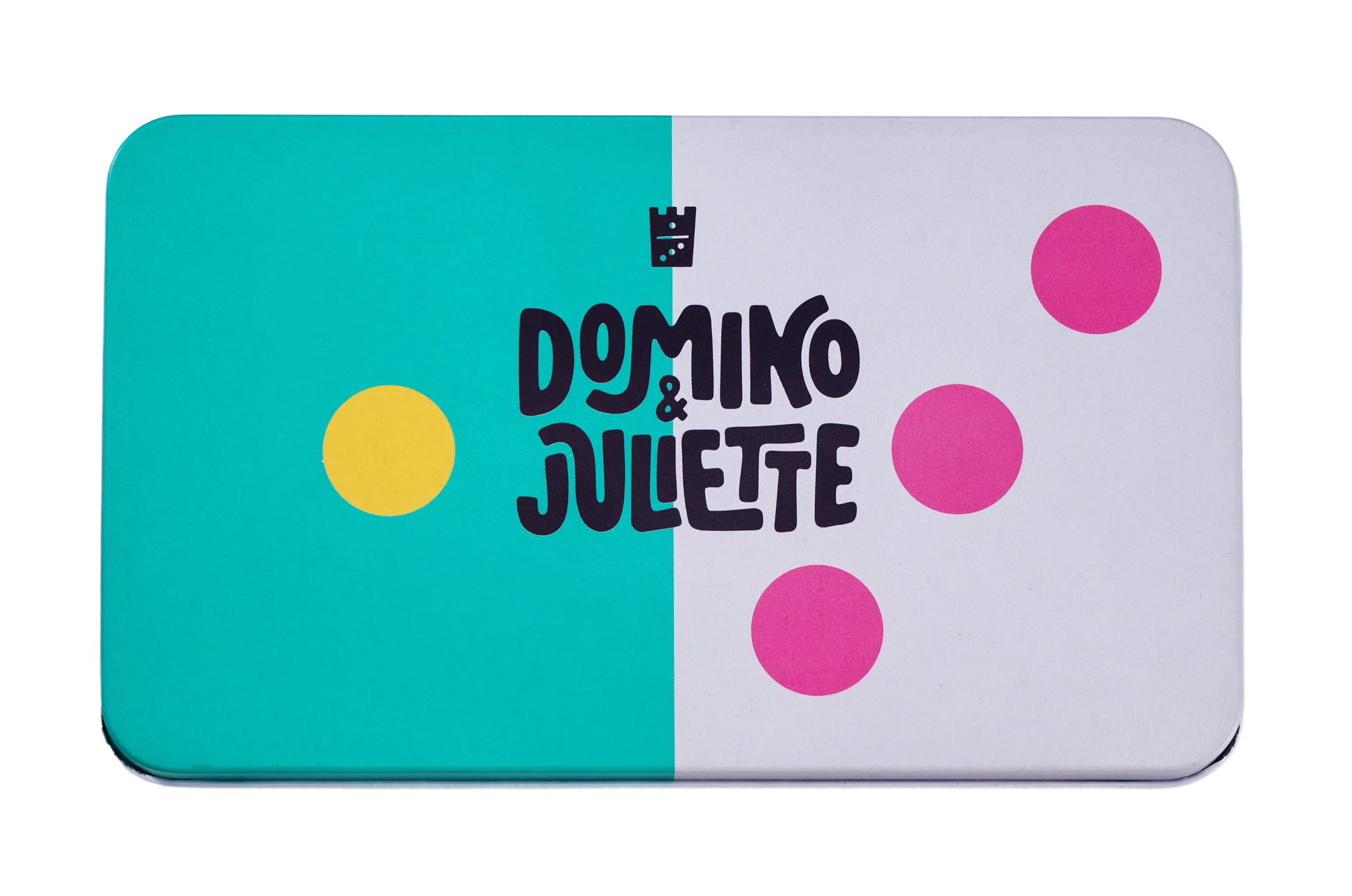 Bright Play Dominos tin by Domino & Juliette, teal left half white right with pink dots on Tampa Home & Garden Store