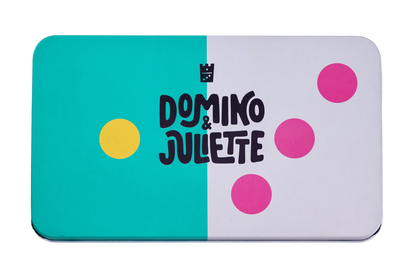 Bright Play Dominos tin by Domino & Juliette, teal left half white right with pink dots on Tampa Home & Garden Store