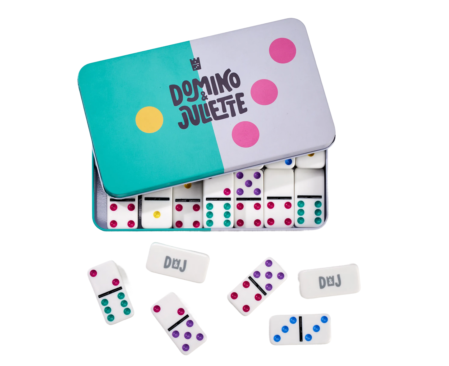 Bright Play Dominos tin by Domino & Juliette with colorful domino tiles and pip dots on Tampa Home & Garden Store