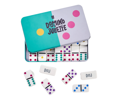 Bright Play Dominos tin by Domino & Juliette with colorful domino tiles and pip dots on Tampa Home & Garden Store