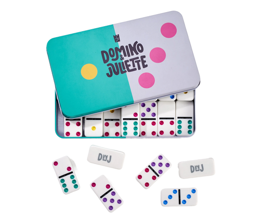 Bright Play Dominos tin by Domino & Juliette with colorful domino tiles and pip dots on Tampa Home & Garden Store