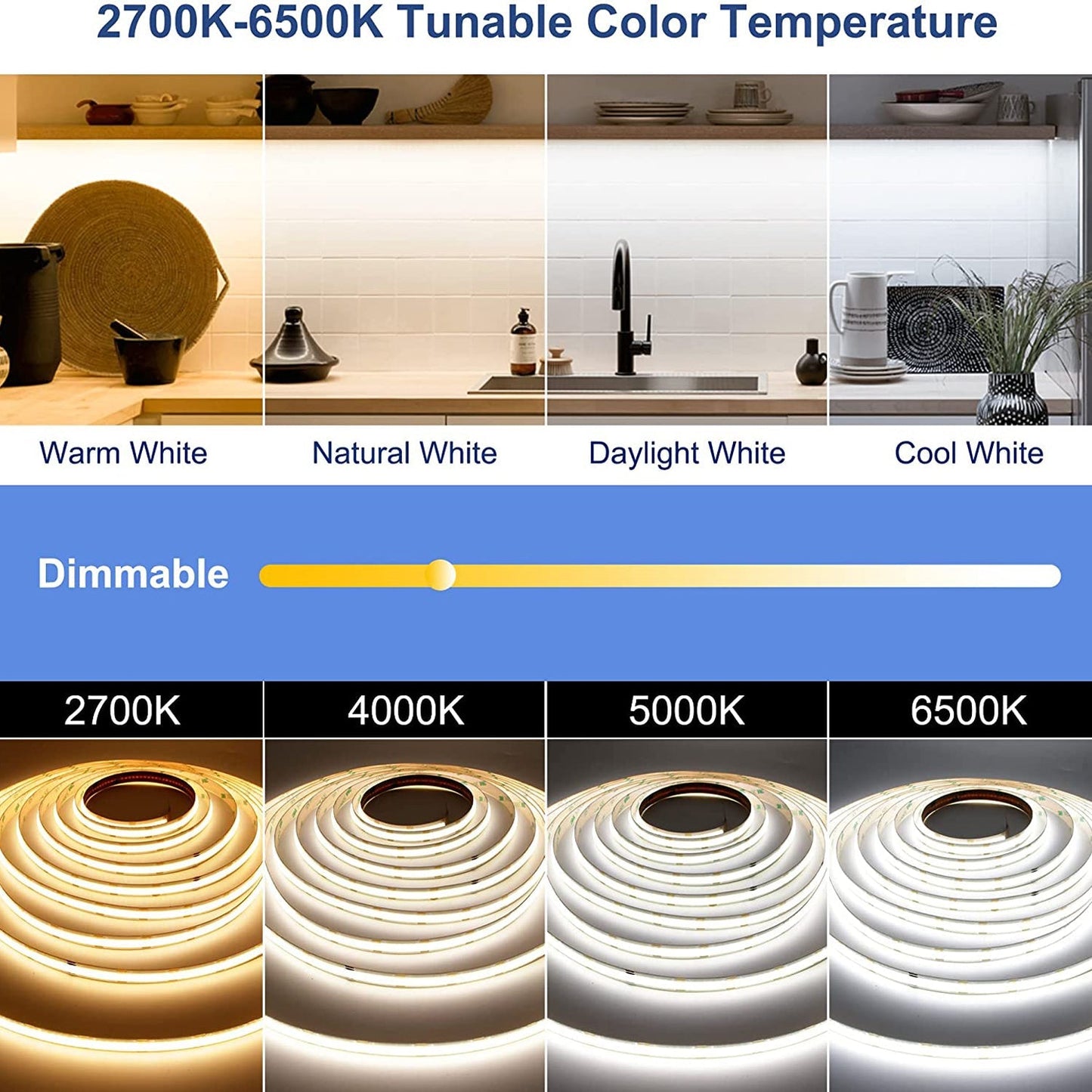 Tira de luces LED lineales sin puntos SLD07 con CCT ajustable (2700K-6500K) COB, cinta de luz de bajo voltaje DC24V