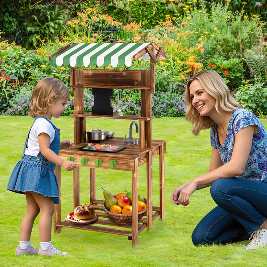 Double-Sided Mud Kitchen with Canopy and Chalkboard for 3+ Years Old-Natural - Tampa Home & Garden Store