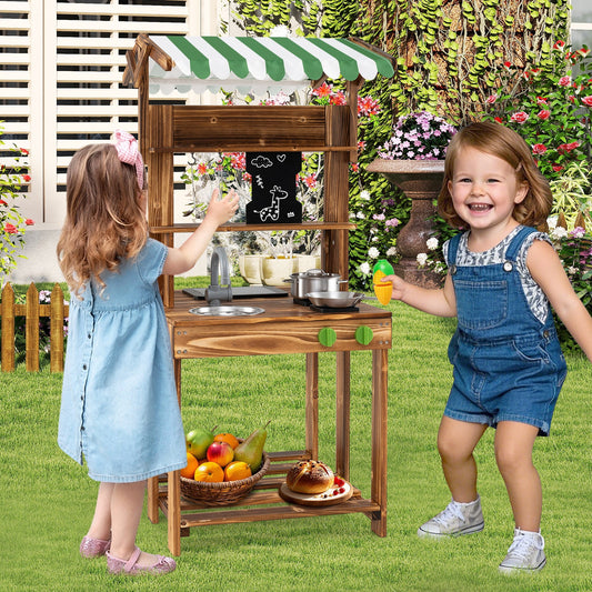 Double-Sided Mud Kitchen with Canopy and Chalkboard for 3+ Years Old-Natural - Tampa Home & Garden Store