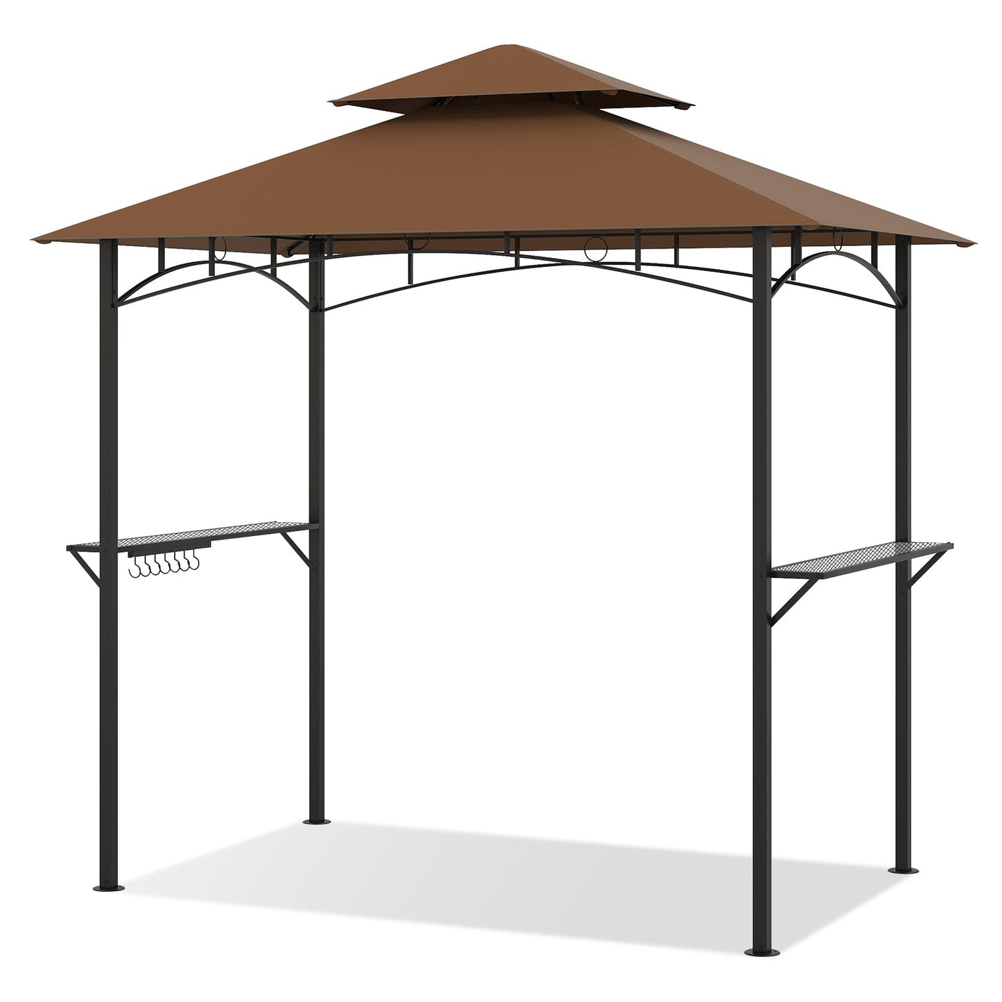 Cenador Doble Techo para Barbacoa de Exterior con 2 Estantes y 7 Ganchos-Beige
