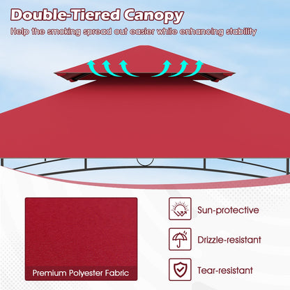 Outdoor Double-Tiered Grill Gazebo Canopy with 2 Shelves and 7 Hooks-Red