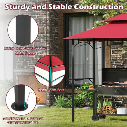 Outdoor Double-Tiered Grill Gazebo Canopy with 2 Shelves and 7 Hooks-Red