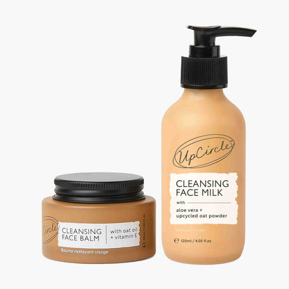 UpCircle Double Cleansing Duo: two beige products: balm and cleansing milk in pump bottle on Tampa Home & Garden Store