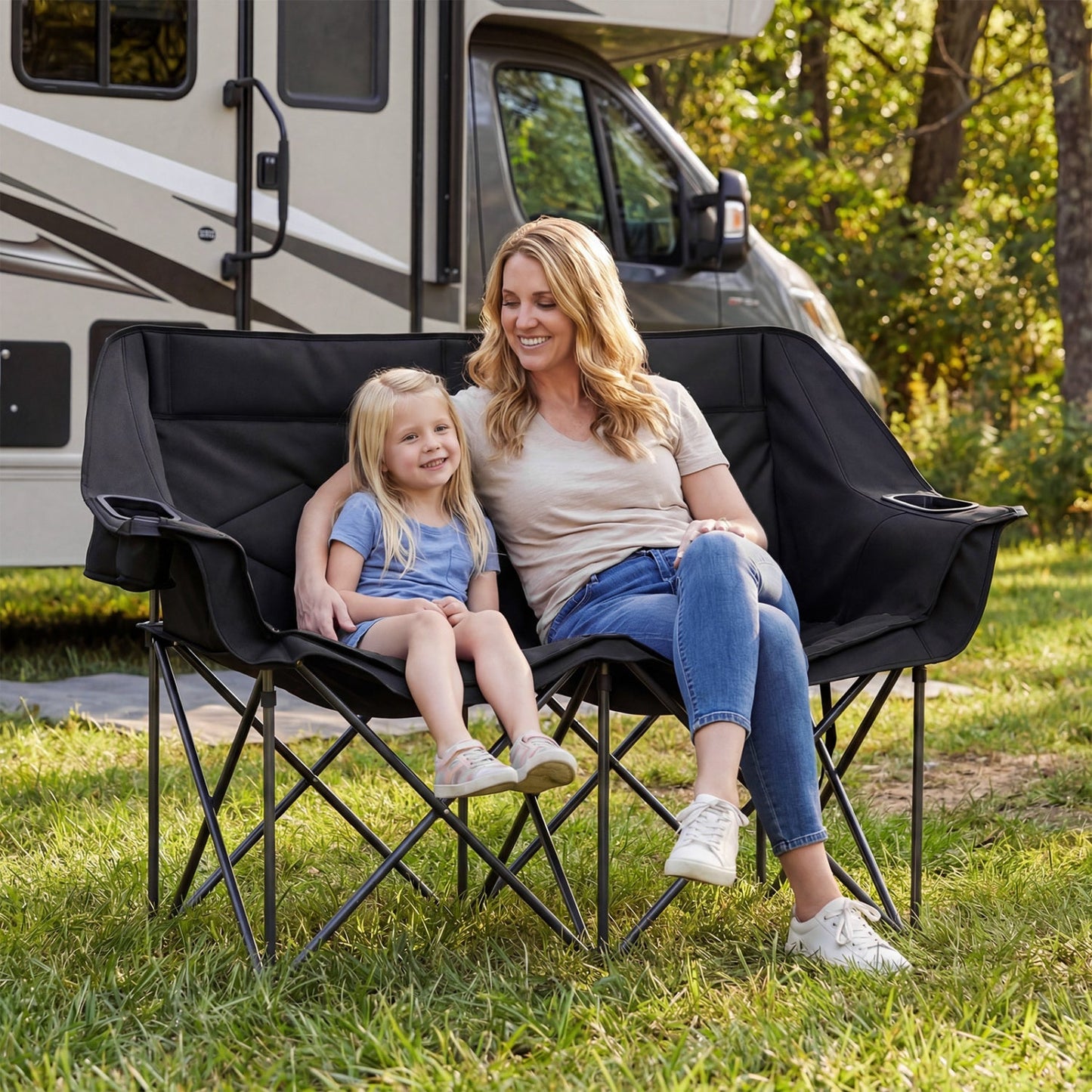GemGear double camping chair with cup holders, glass racks and mesh pockets in black on Tampa Home & Garden Store