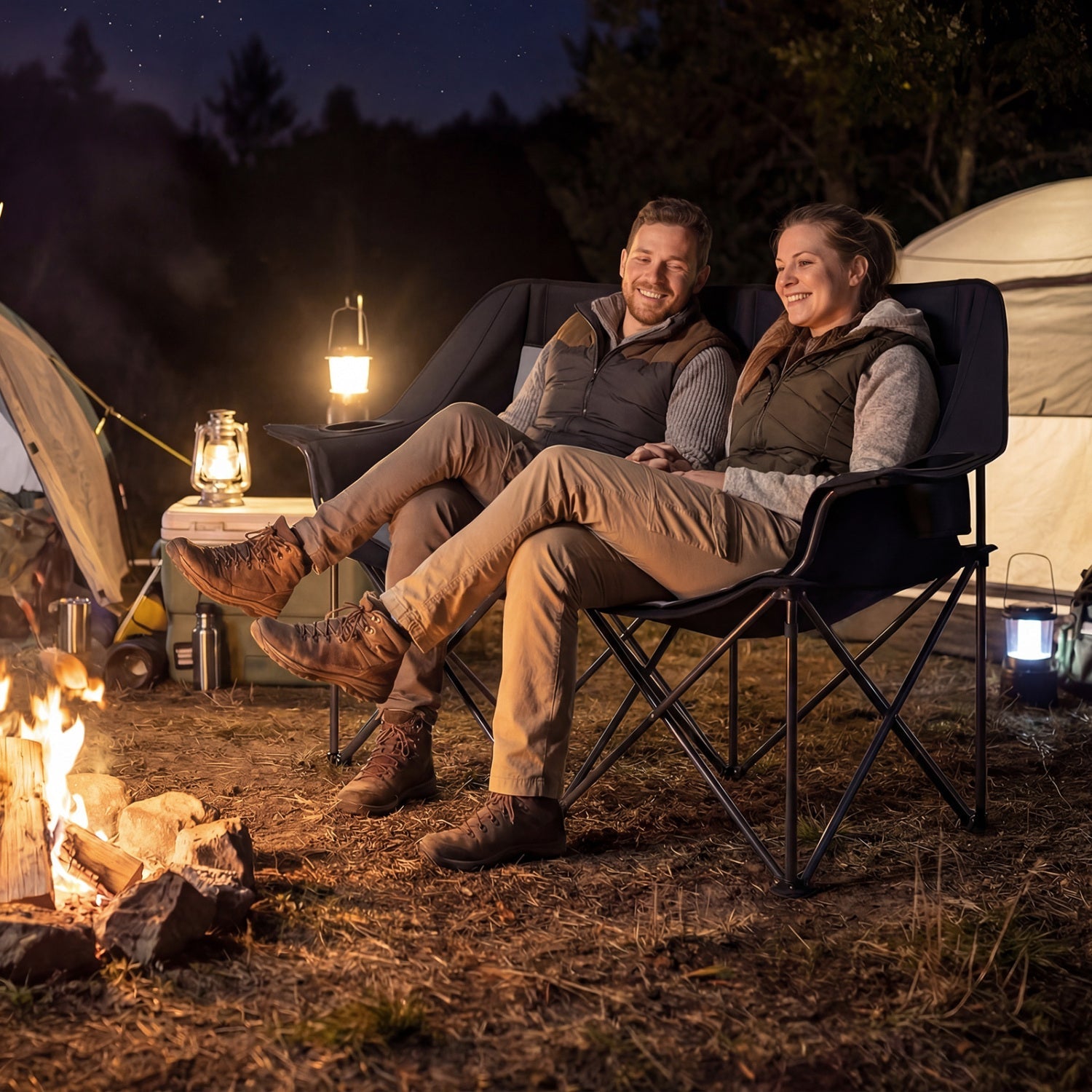 GemGear double camping chair navy fabric with cup holders and mesh pockets on Tampa Home & Garden Store