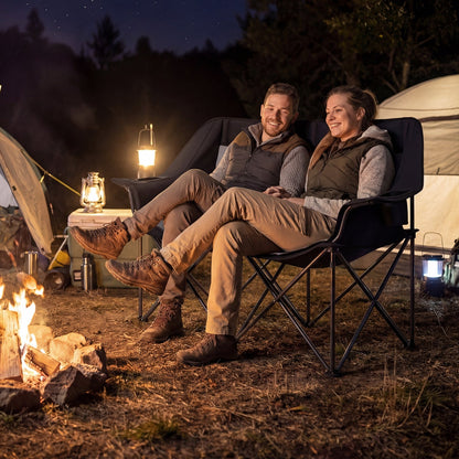 GemGear double camping chair navy fabric with cup holders and mesh pockets on Tampa Home & Garden Store