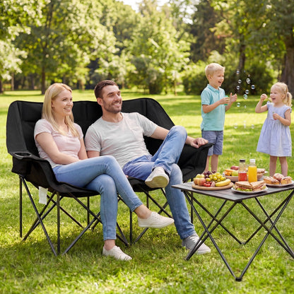 GemGear double camping chair in black with cup holders, glass racks, and mesh pockets on Tampa Home & Garden Store