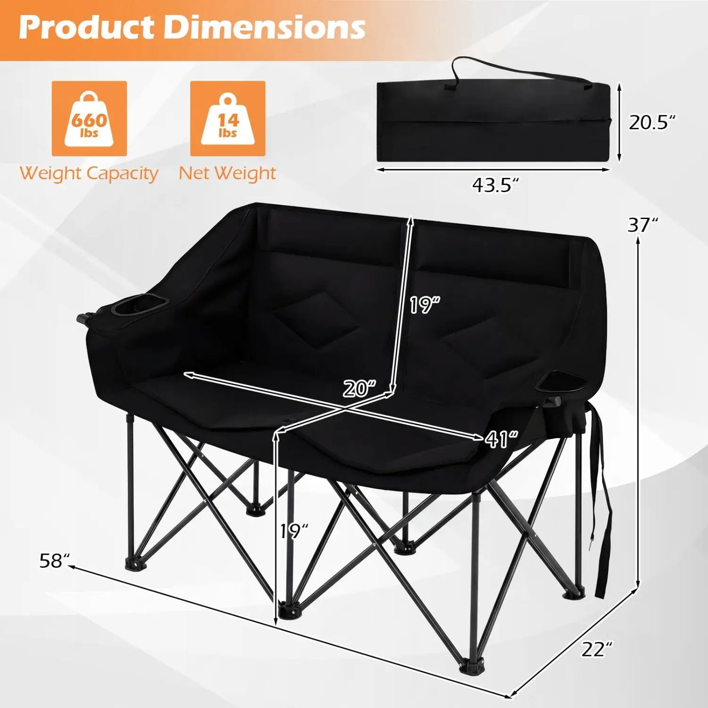 Double Camping Chair Cup Holders Mesh Pockets