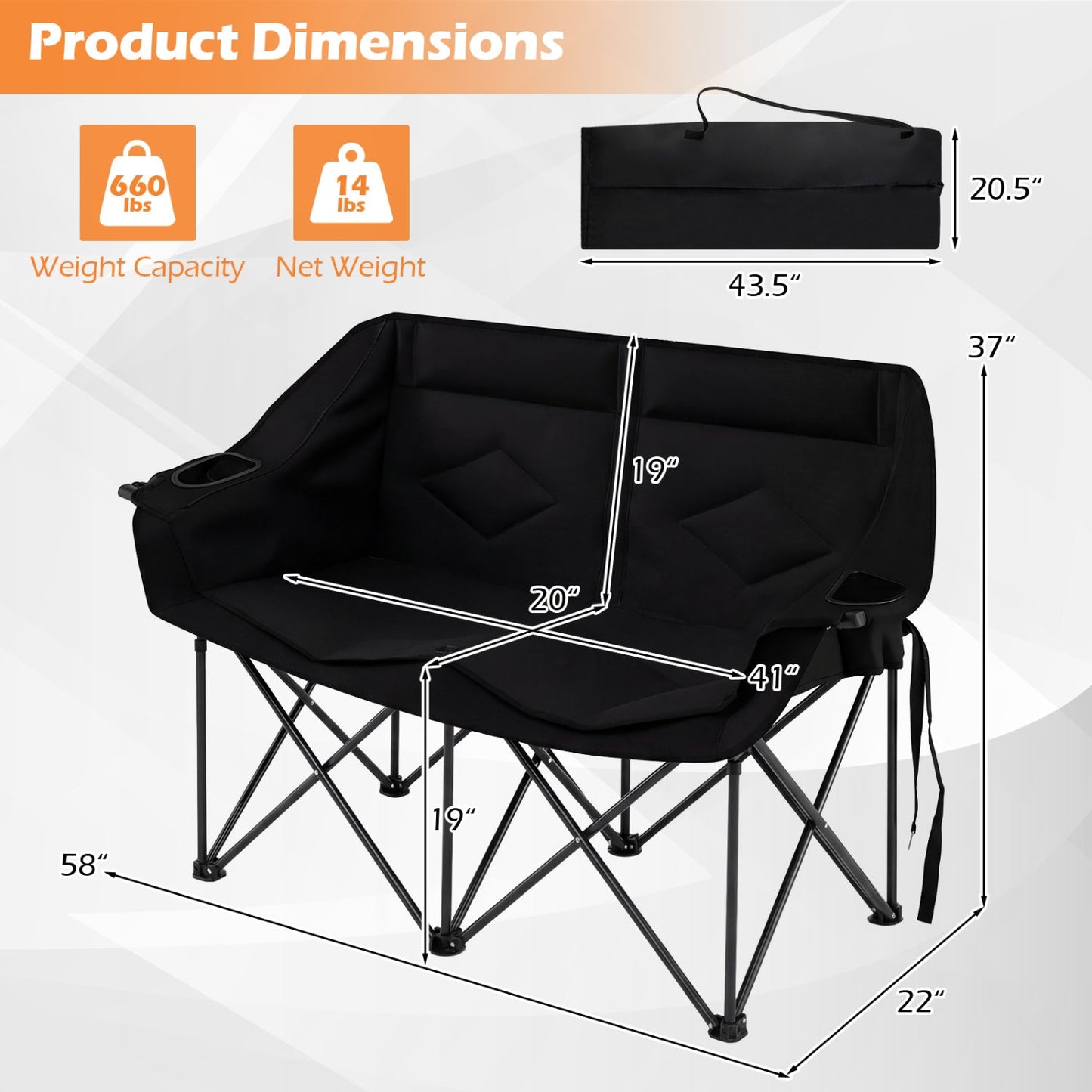 GemGear double camping chair with cup holders, glass racks, mesh pockets in black on Tampa Home & Garden Store