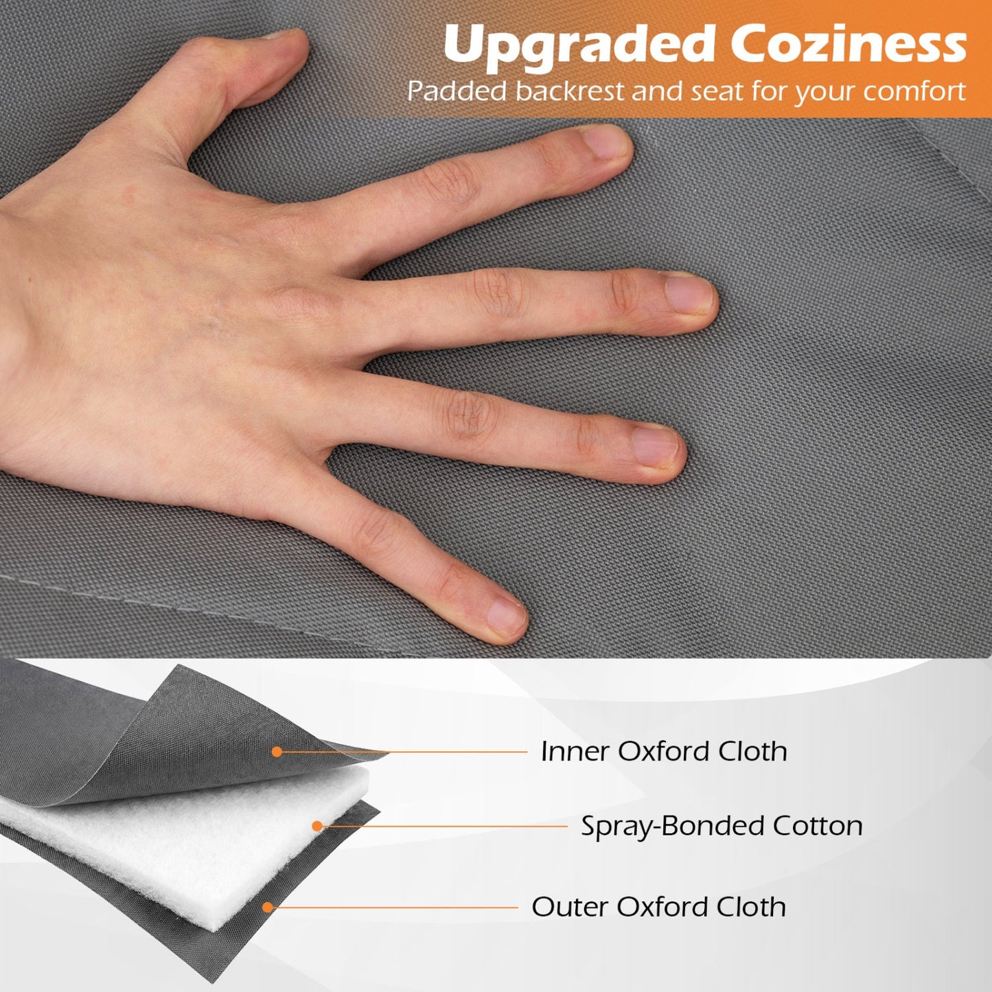 Double camping chair fabric closeup in gray Oxford cloth with hand for scale on Tampa Home & Garden Store
